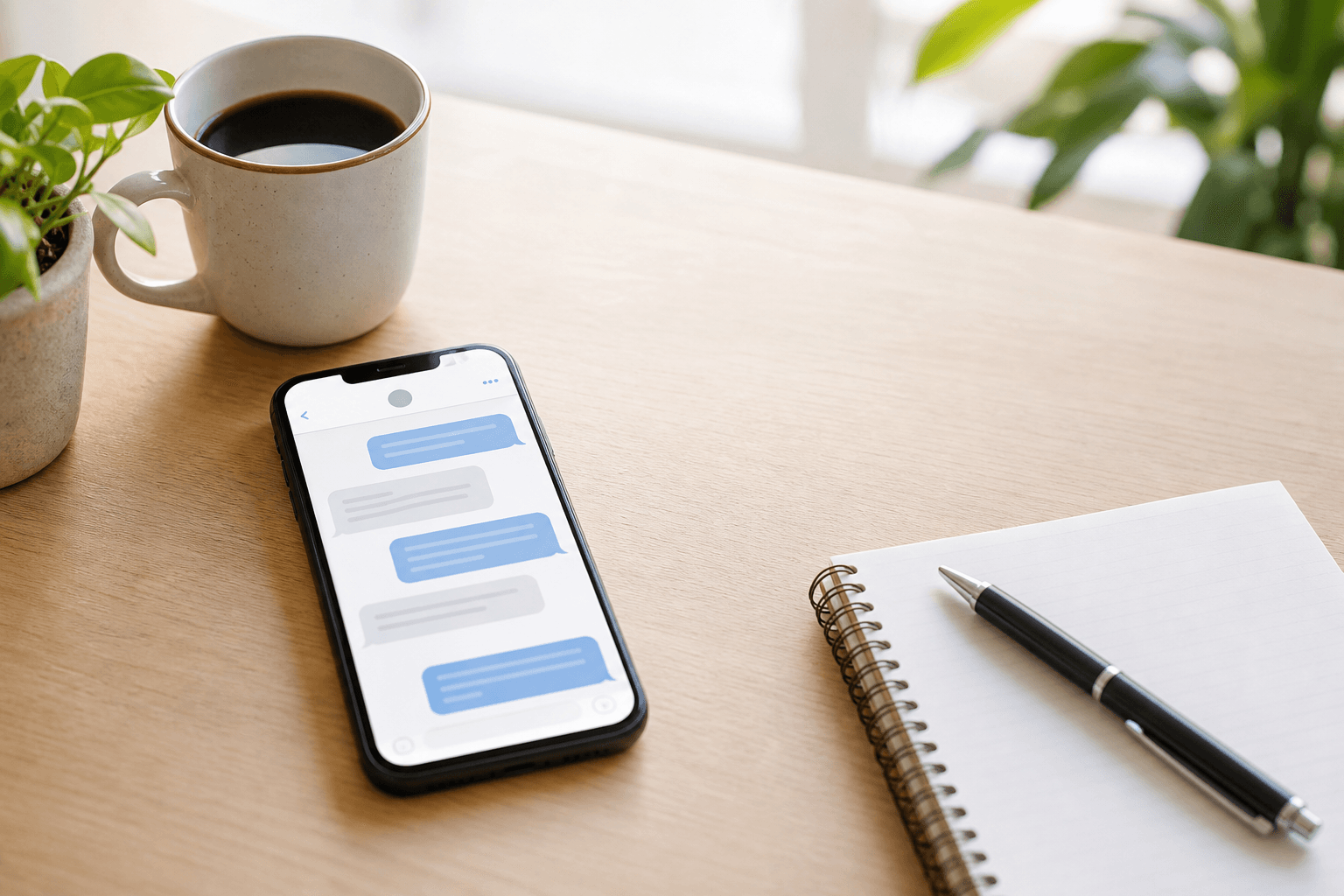 Telefono con mensajes sobre una mesa junto a una libreta